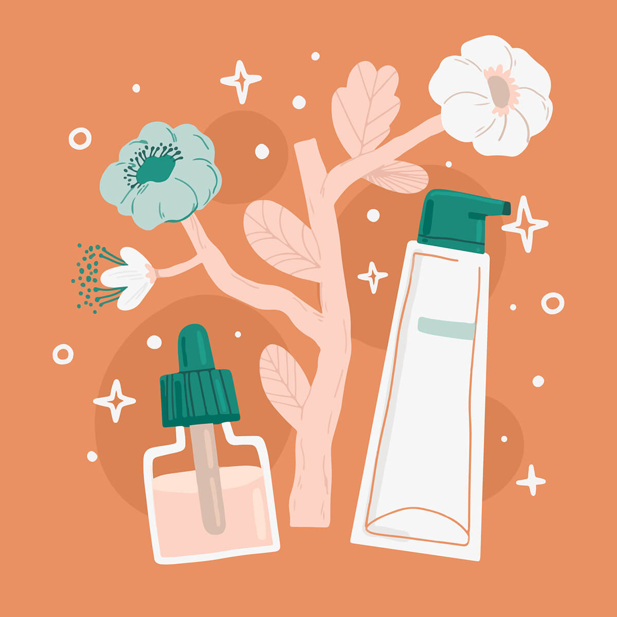 Иллюстрация: емкости для косметики и растения, как символ экологичности