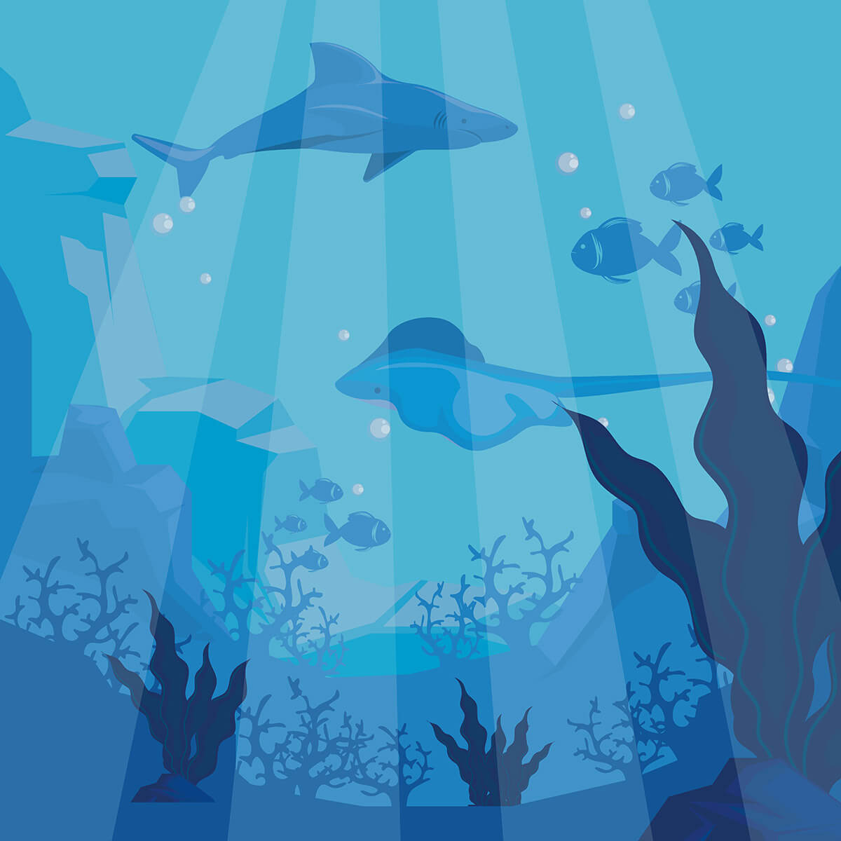 Иллюстрация: глубоководный мир Океана, акулы и скаты плавают в морских глубинах