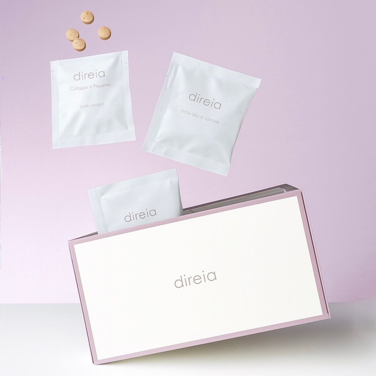 Коробка, пакетики і таблетки DIREIA Inner Burn Tablet в стані левітації