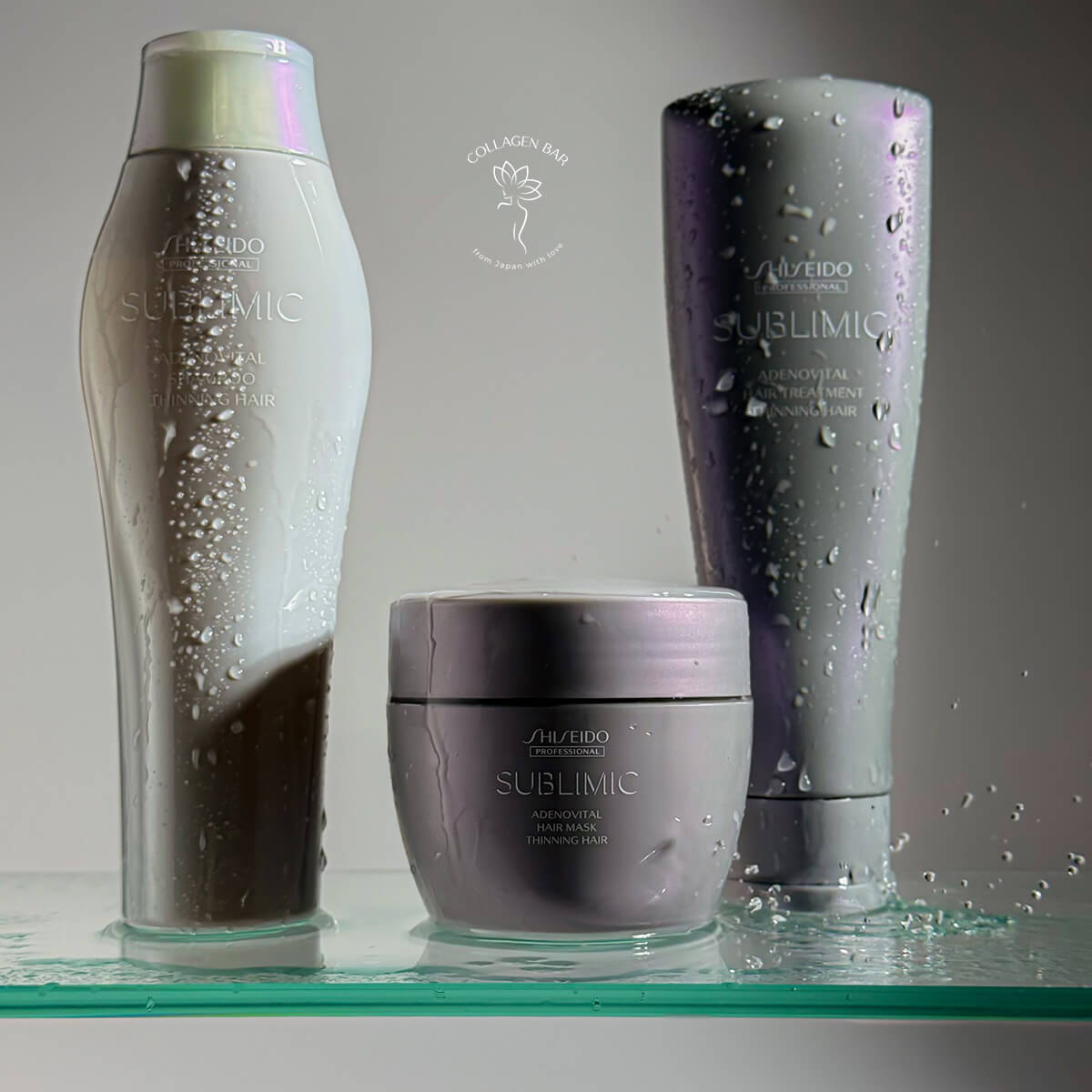 Маска, бальзам и шампунь из серии SHISEIDO SUBLIMIC Adenovital на стеклянной полке вертикально