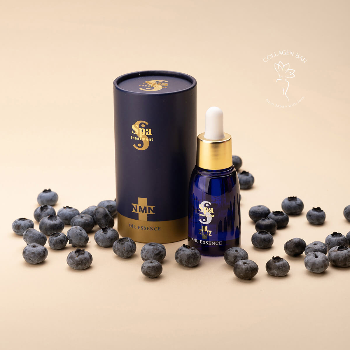 Флакон і коробка Spa Treatment NMN oil essence з ягодами лохини у вертикальному положенні