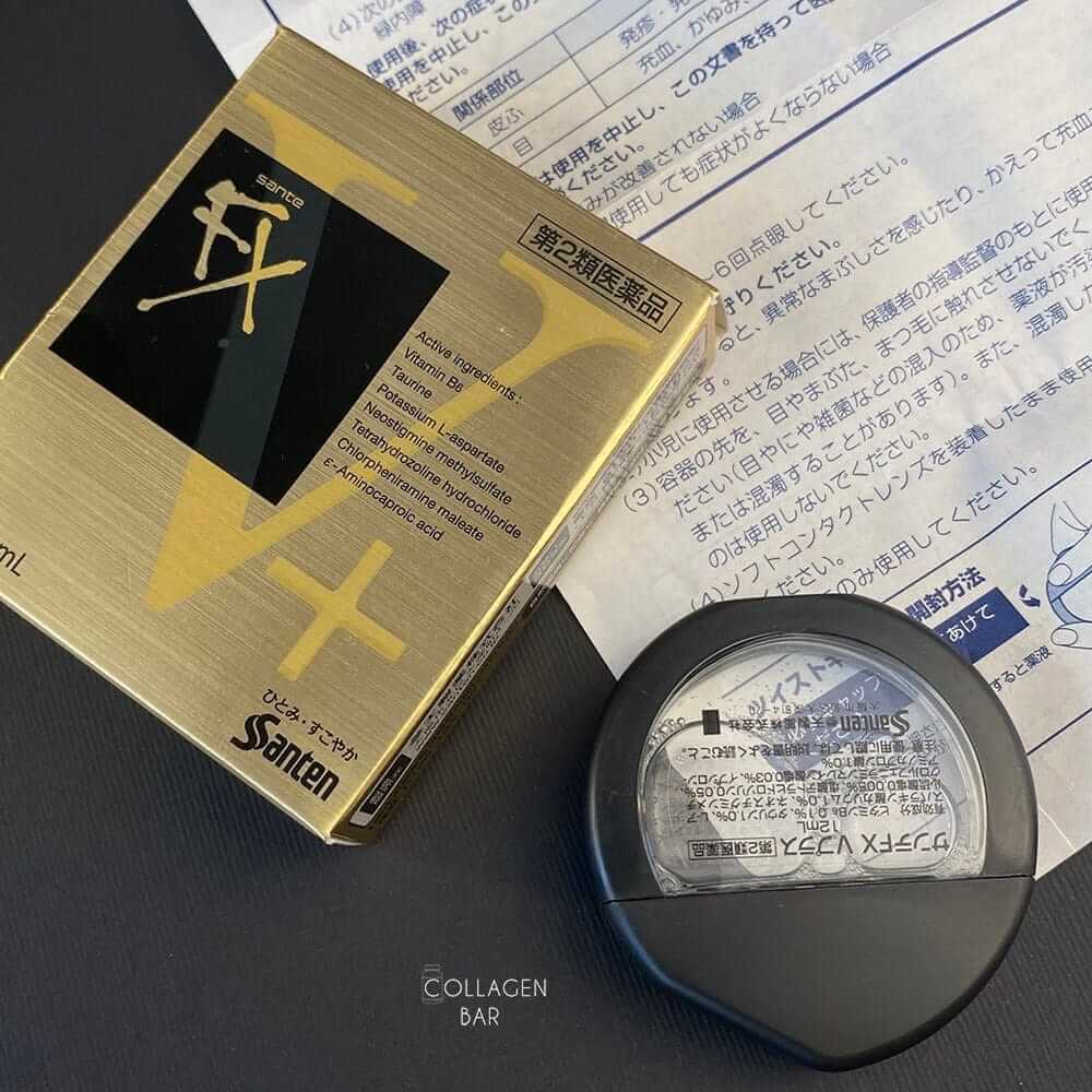 Краплі для очей Sante FX V Plus і фрагмент інструкції з їх використання японською мовою