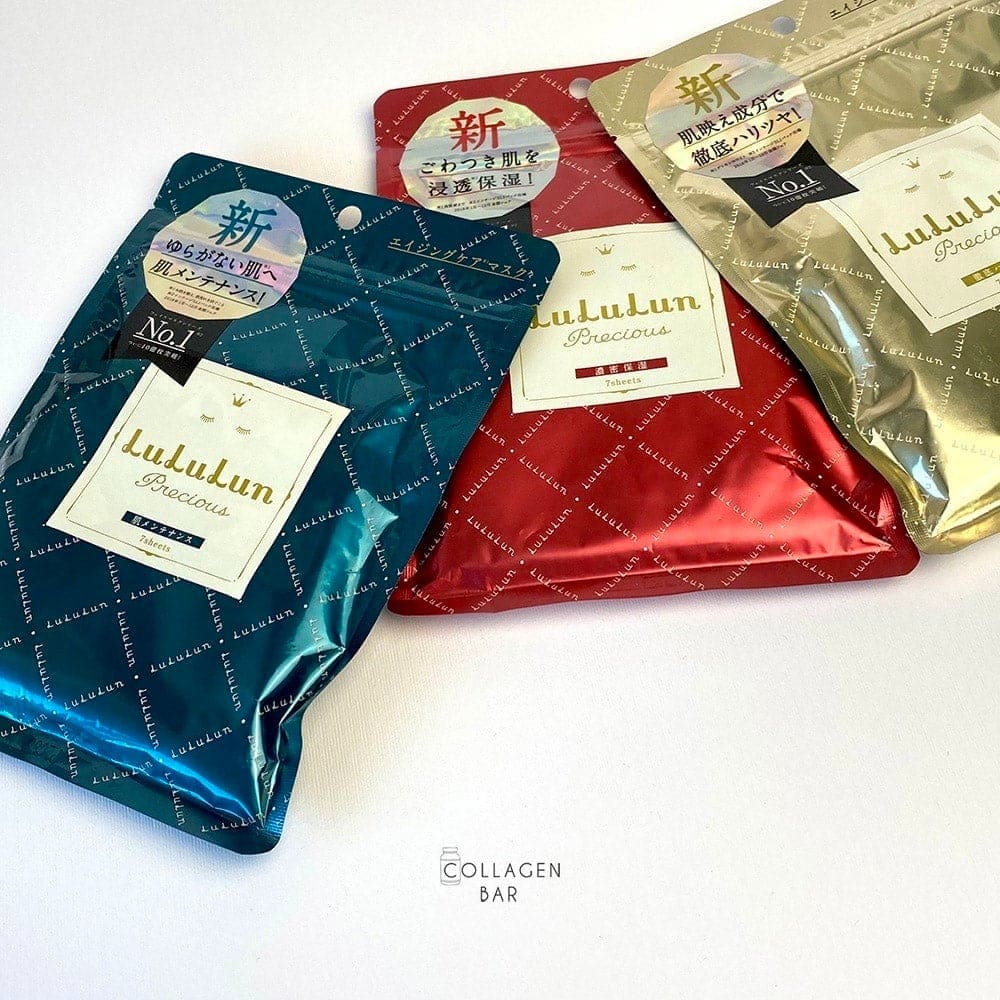 Три упаковки масок LuLuLun Precious по 7 штук в каждой на белом фоне