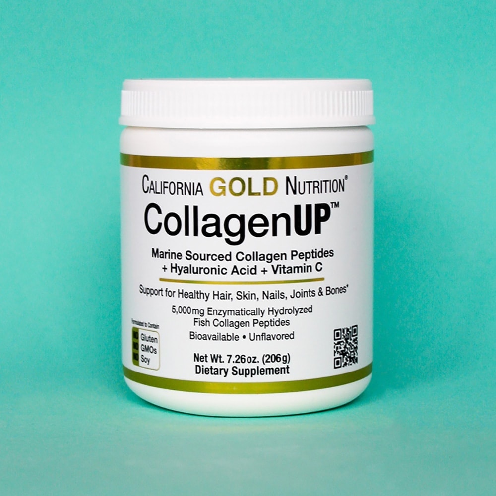 Морський колаген California Gold Nutrition у банці на світло-зеленому тлі