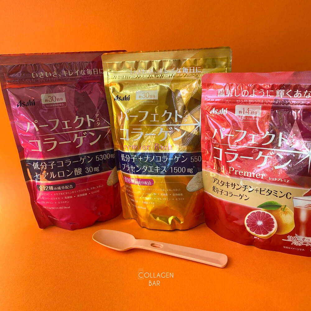 "Тріо" колагенів ASAHI: колагени Asahi Asta Collagen, Asahi Premier Rich і Asahi RED Premier в ряд
