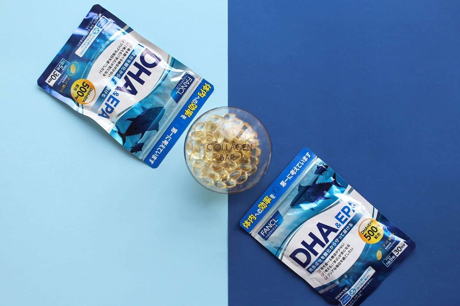 2 пакета DHA и EPA от FANCL и капсулы в бокале