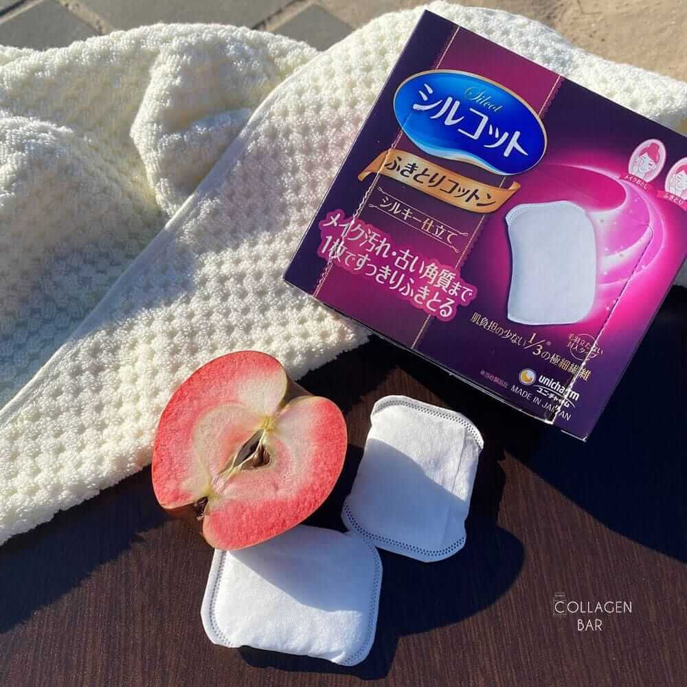 Паффы UNICHARM Silcot Wiping Cotton с половинкой яблока и белым вафельным полотенцем