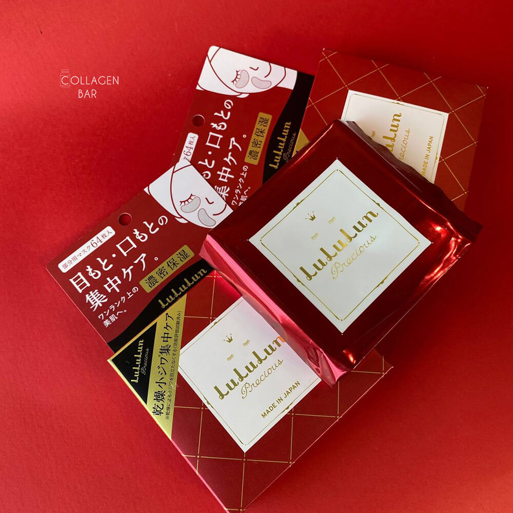 Дві упаковки патчів Lululun Precious на червоному тлі