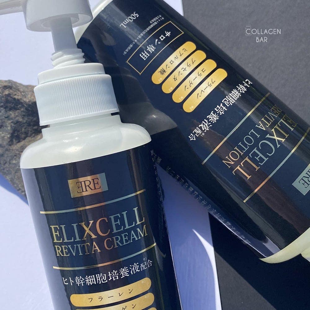 Фрагменты флаконов Elixcell Revita Cream и Elixcell Revita Lotion крупным планом на черно-белом фоне
