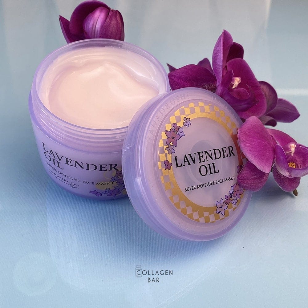 Маска Hanajirushi Lavender Oil Super Moisture Mask з фіолетовими квітками орхідеї та відкритою кришкою