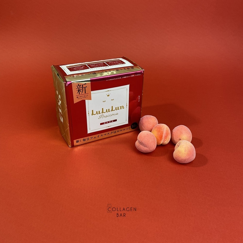 Маска LuLuLun Precious RED і п'ять абрикосів із пап'є-маше на червоному тлі
