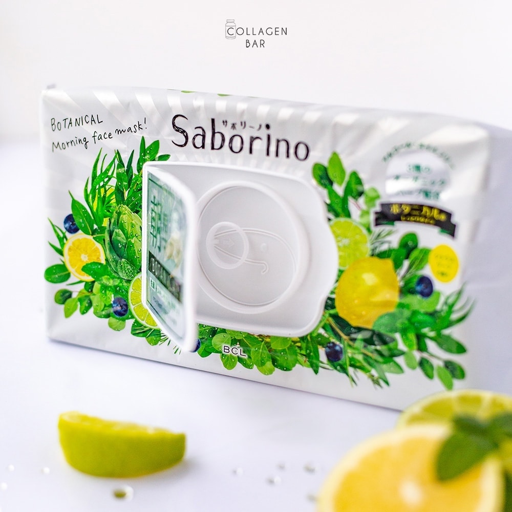 Маска Saborino Mezama Sheet Botanical Type зі шматочками лимона і відкритою кришкою на упаковці