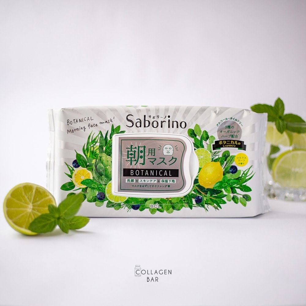 Ранкова експрес-маска Saborino Mezama Sheet Botanical Type з лаймом, листочками м'яти і склянкою з водою на задньому плані