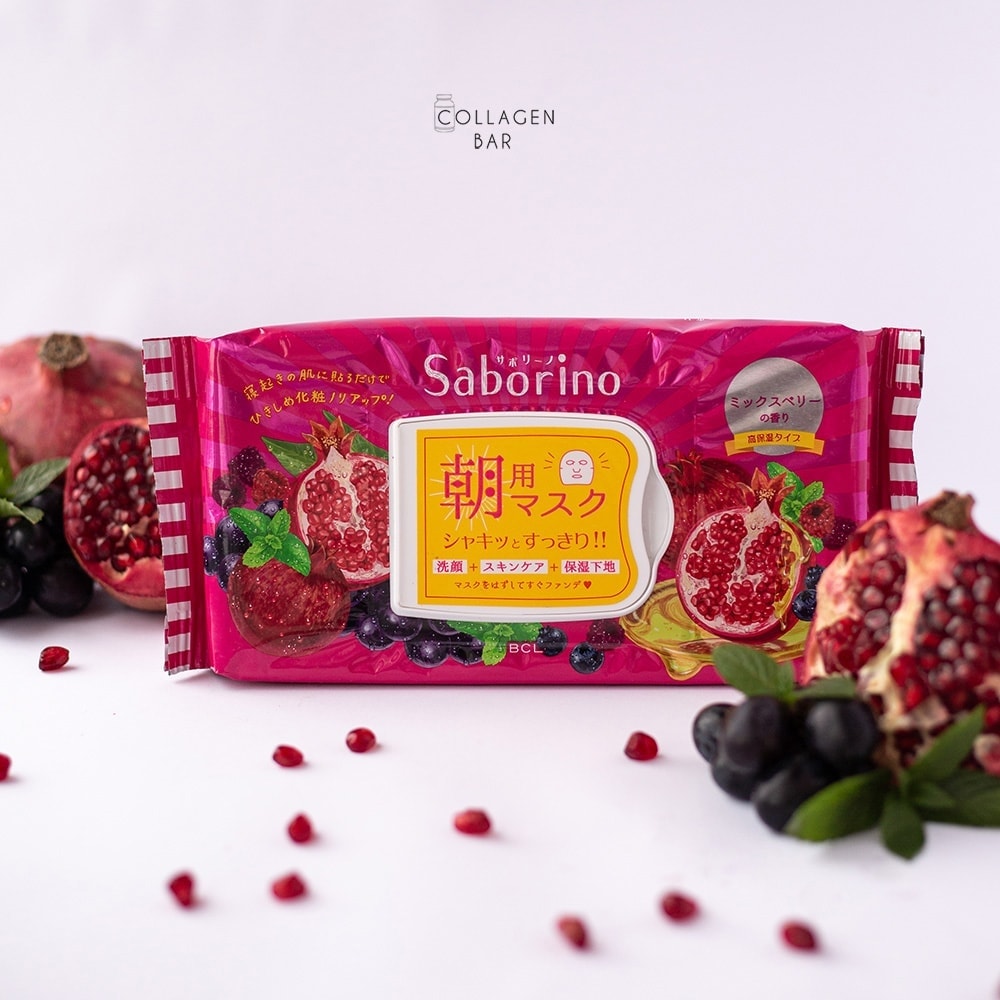 Ранкова маска Saborino Mezama Sheet highly moisturizing type з цілим і розрізаним гранатом, зернами граната і винограду. Вид спереду.