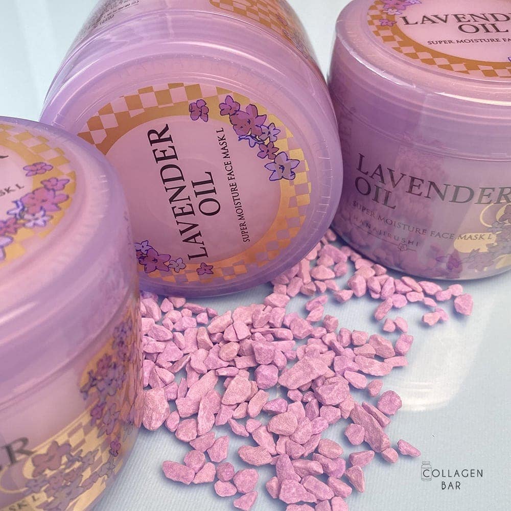 Три банки Hanajirushi Lavender Oil Super Moisture Mask з дрібними фіолетовими камінчиками
