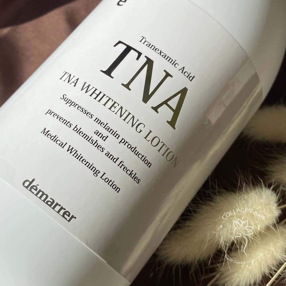 Етикетка з лосьйону DEMARRER TNA Whitening Lotion крупним планом, добре читається весь текст