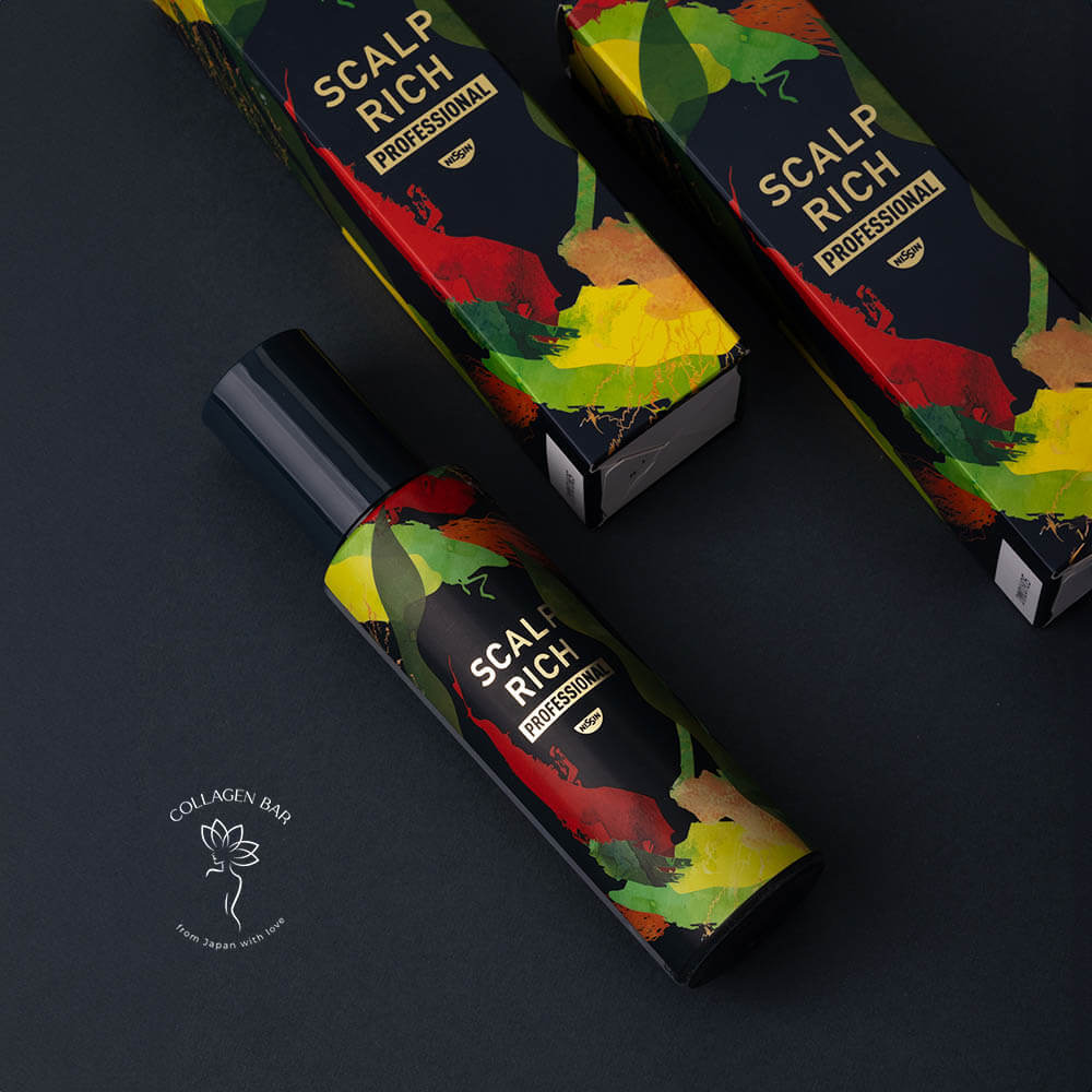 Флакон і коробки лосьйону NISSIN Scalp Rich Professional на чорному тлі