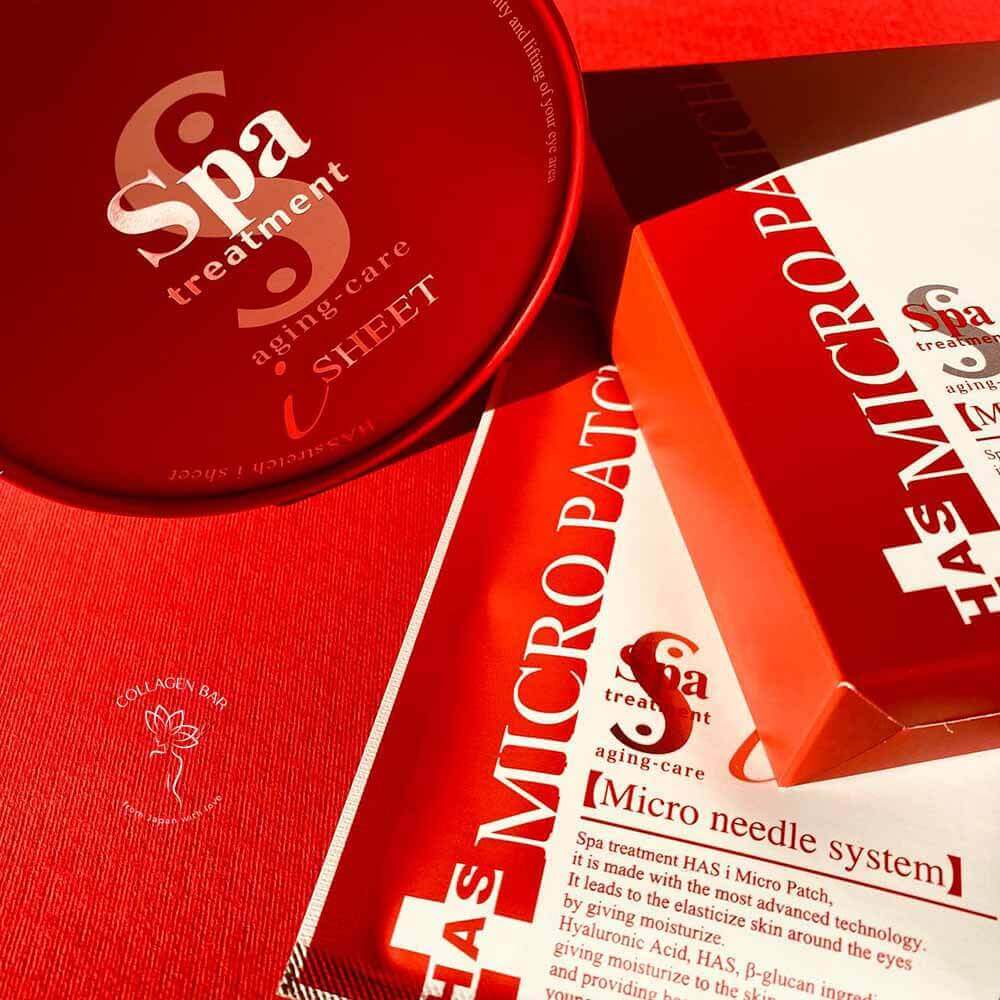 Патчи с микроиглами SPA Treatment HAS i Micro Patch и патчи SPA Treatment HAS Stretch iSHEET на красном фоне
